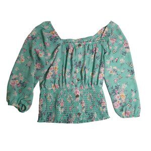 No Boundaries Floral Off Shoulder Blouse M (7-9) Pink Rose Butterflies Stretch